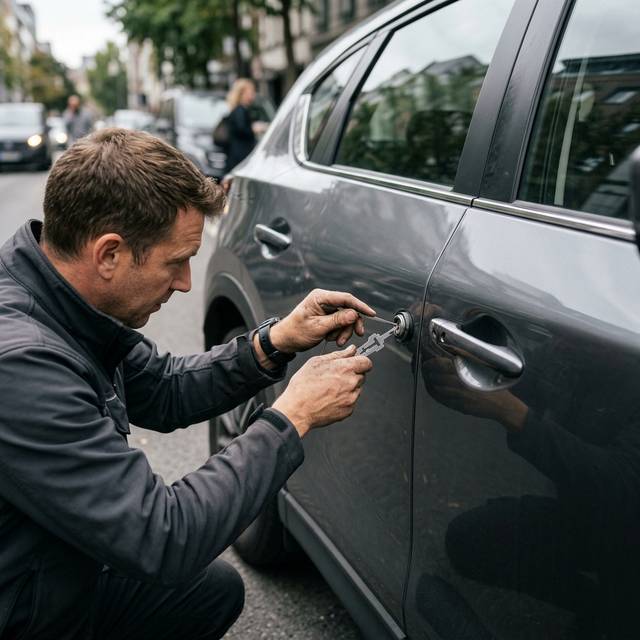 Locksmith using an entry tool at the door of a car parked on a city street