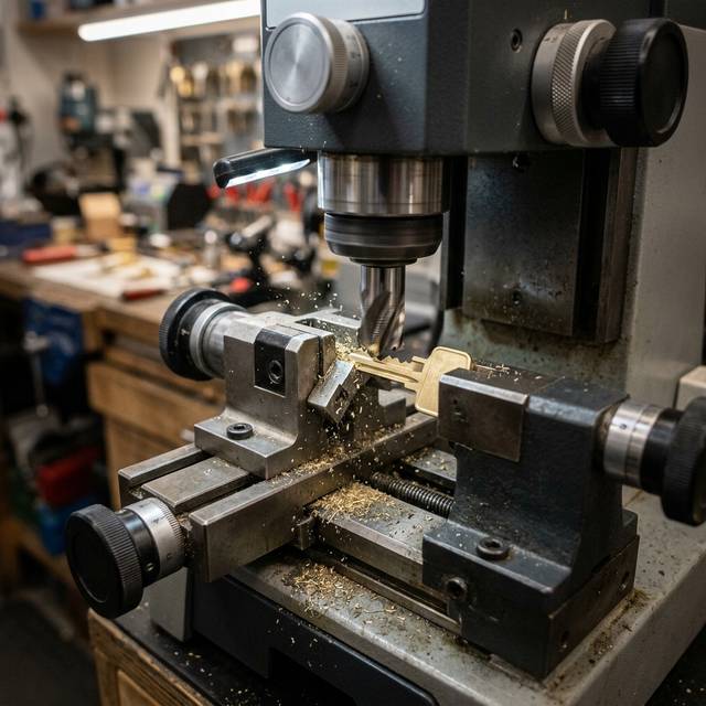 Brass key blade being cut on a key machine, with metal swarf across the bed