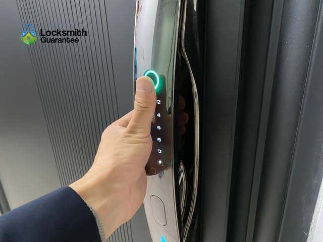 Fingerprint reader mounted beside an office door