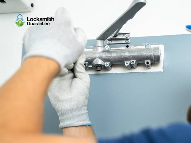 Overhead door closer being fitted to the head of a commercial door