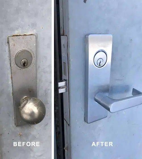 The same commercial door before and after its lever handle lock was replaced