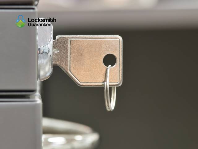 Cam lock being replaced in the drawer front of a filing cabinet