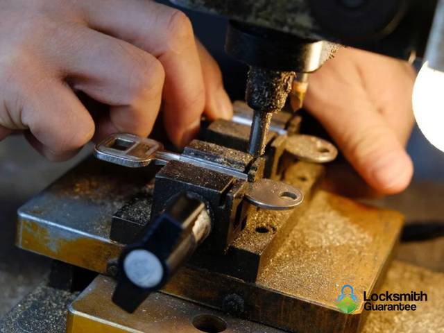 Key blank being traced against an original on a duplicator