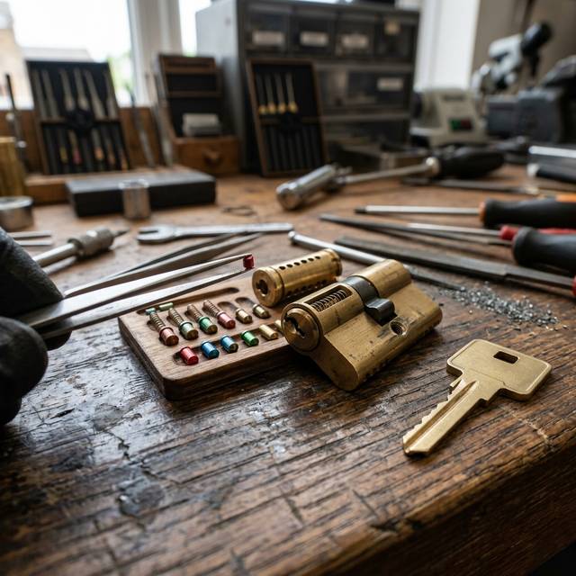 Lock cylinder opened on a workbench beside a tray of color-coded pins, tweezers and a newly cut key