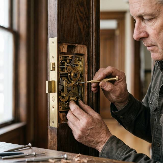 Locksmith servicing the brass mortise lock case set into the edge of an old paneled door