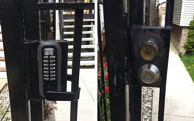 Mechanical keypad lock fitted to a garden gate