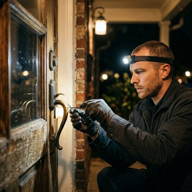 Locksmith working on a house door lock by headlamp after dark
