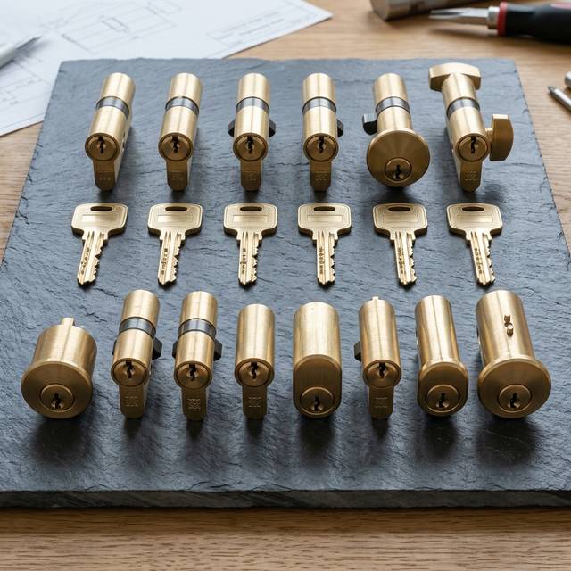 Rows of brass cylinders and cut keys laid out on slate beside a keying schedule
