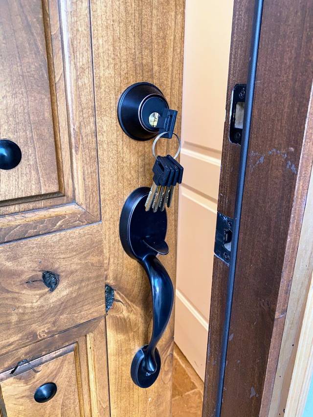 Bronze handle set fitted to a front door