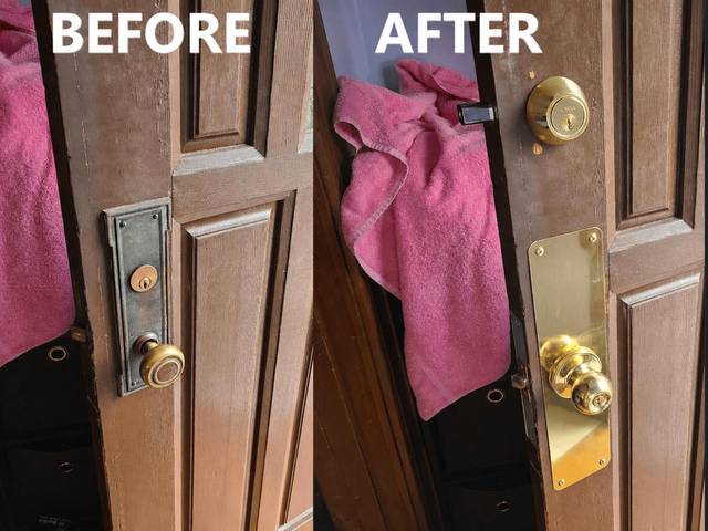 A front door before and after its lock was upgraded