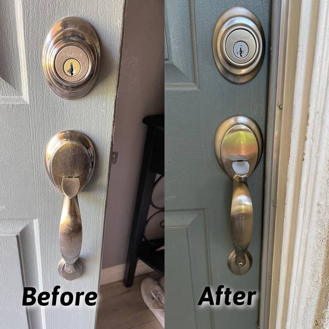 Handle set and deadbolt on the same door, before and after replacement