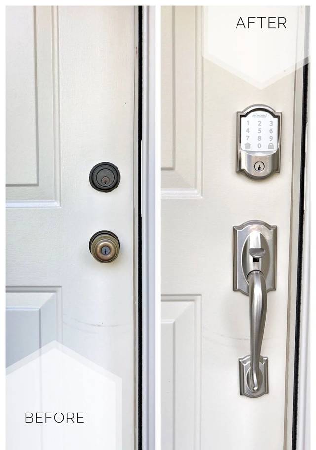 A door before and after its handle set was replaced with a Schlage keypad