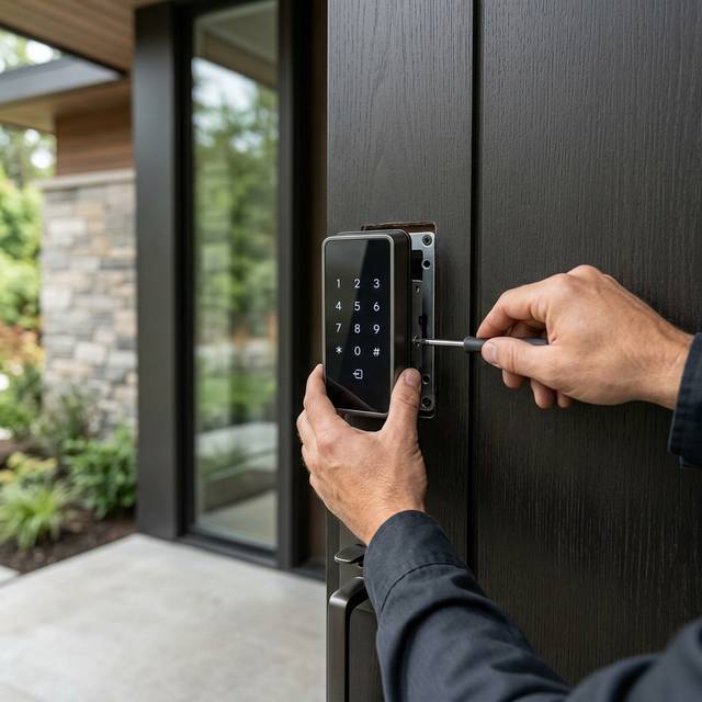 Keypad deadbolt being fitted to a dark modern front door